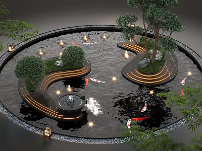 Serene Circular Water Fountain With Koi Fish Trees Curved Walkways And Ambient Lighting 3d model