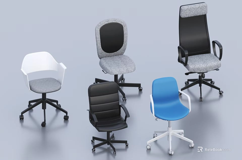 Modern Office Chairs Featuring Various Styles Different Colors And Swivel Wheels 3d model