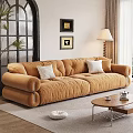 Cozy Orange Velvet Sofa With Pillows And Wooden Coffee Table In Modern Living Room