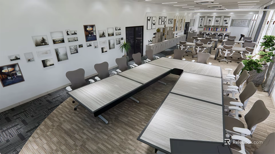 Modern Meeting Room Interior Design With Long Table Chairs And Wall 3d model 