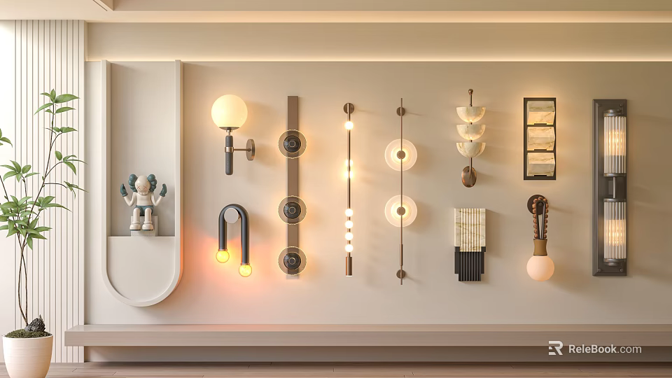 Modern Interior Wall Lamps In Various Decorative Styles On Display Wall 3d model 