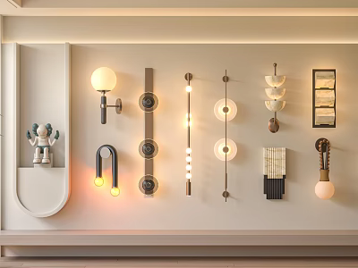 Modern Interior Wall Lamps In Various Decorative Styles On Display Wall 3d model