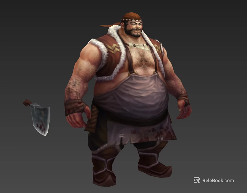 Muscular Bearded Man In Fur Lined Vest And Tattered Bloodstained Apron Holding Cleaver 3d model 