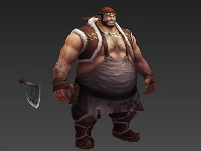 Muscular Bearded Man In Fur Lined Vest And Tattered Bloodstained Apron Holding Cleaver 3d model
