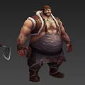 Muscular Bearded Man In Fur Lined Vest And Tattered Bloodstained Apron Holding Cleaver