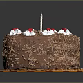 Chocolate Birthday Cake With Chocolate Shavings White Cream Red Cherries Single Candle On Orange Tray