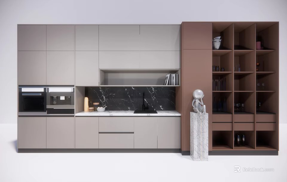 Modern Kitchen Interior Featuring Gray And Brown Cabinets With Open Shelves And Countertop 3d model