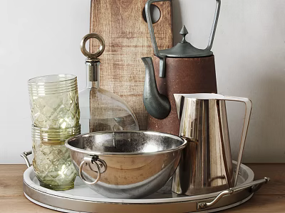 Vintage Tableware Collection With Metal Bowl Pitcher Glass Cups And Wooden Board On Tray 3d model
