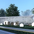 Illuminated Feature Wall With Wavy Pattern And Glowing Spheres In Night Landscape