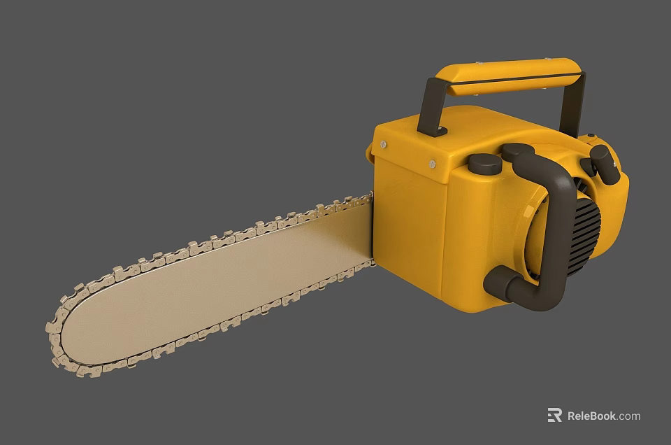 Industrial Equipment Yellow Chainsaw With Long Cutting Chain And Black Handles 3d model 