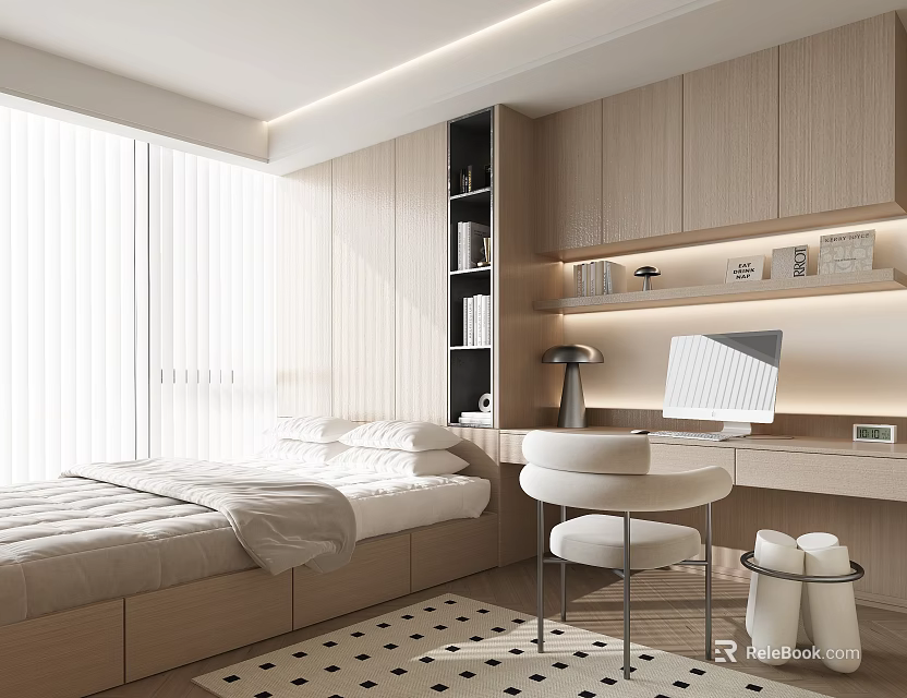 Minimalist Tatami Bedroom With Tatami Bed Built-in Wooden Storage Desk Chair And Large Windows 3d model 