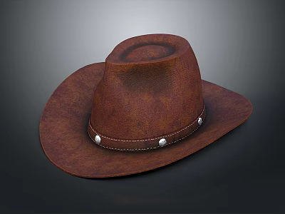 Brown Leather Cowboy Hat Featuring Classic Design Metal Rivets And Stitching 3d model