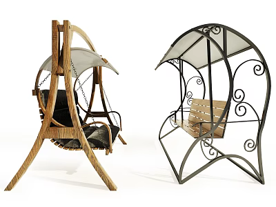 Wooden And Metal Hanging Chairs With Canopy And Decorative Outdoor Design 3d model