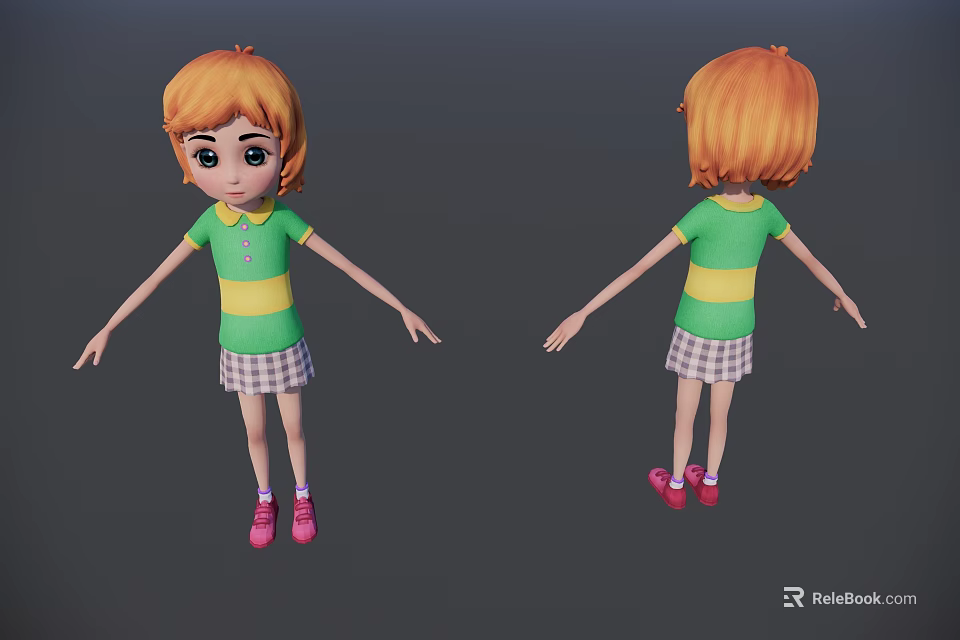 Cartoon Woman With Front Back Views Green Yellow Striped Shirt Plaid Skirt Pink Shoes 3d model 