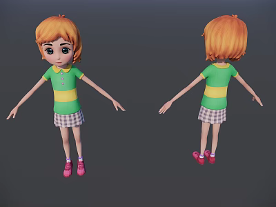 Cartoon Woman With Front Back Views Green Yellow Striped Shirt Plaid Skirt Pink Shoes 3d model