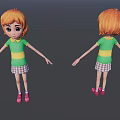 Cartoon Woman With Front Back Views Green Yellow Striped Shirt Plaid Skirt Pink Shoes