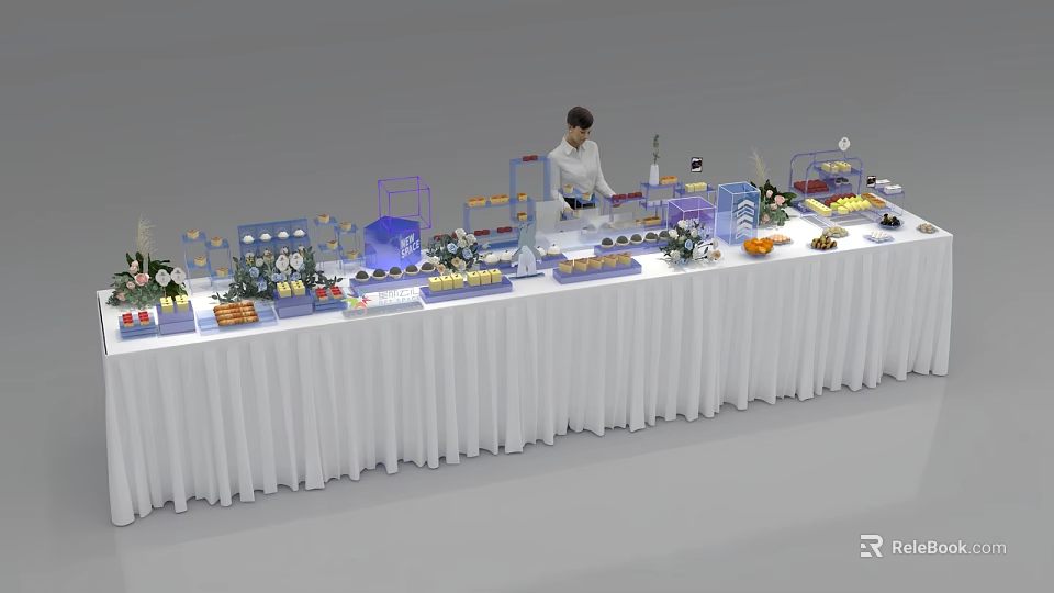 Coffee Break Area With Long Table White Tablecloth Assorted Foods And Beverages 3d model