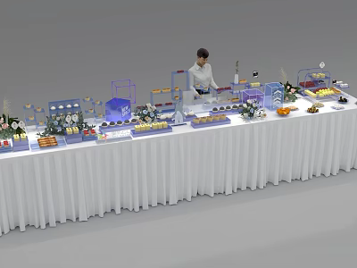 Coffee Break Area With Long Table White Tablecloth Assorted Foods And Beverages 3d model