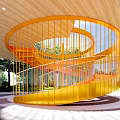 Bright Orange Spiral Staircase With Metal Frame And Wooden Ceiling In Modern Building