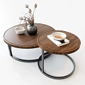 Round Coffee Table With Wooden Top Metal Frame Nested Design And Decorative Items 3d model