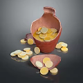 Antique Broken Clay Pot With Gold Coins Scattered Inside And Around