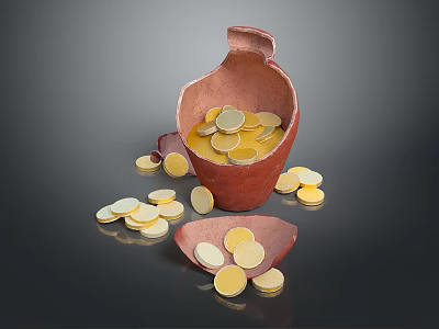 Antique Broken Clay Pot With Gold Coins Scattered Inside And Around 3d model