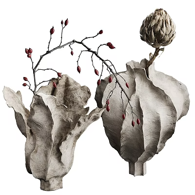 Dried Leaf Shaped Decorative Ornament Set With Red Berries Branches And Bud Accents 3d model