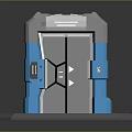 Sci-Fi Door Structure With Gray And Blue Metallic Finish Symmetrical Design And Pedestal Base