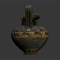 Ancient Ceramic Vase With Curved Handle Animal Motifs And Geometric Patterns