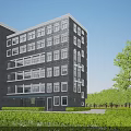 Modern Multi Storey Office Building With Gray Brick Exterior And Green Surroundings