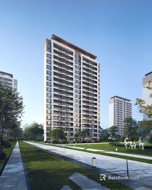 Modern High Rise Residential Building with Green Lawn Trees Walking Path and Outdoor Facilities 3d model 