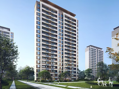 Modern High Rise Residential Building with Green Lawn Trees Walking Path and Outdoor Facilities 3d model