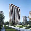 Modern High Rise Residential Building with Green Lawn Trees Walking Path and Outdoor Facilities