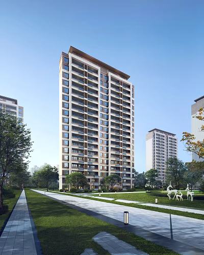 Modern High Rise Residential Building with Green Lawn Trees Walking Path and Outdoor Facilities 3d model