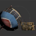 Rusty Blue Boat Near Workbench And Barrels On Checkered Mat
