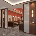 Elegant Chinese Restaurant Interior With Red Ceiling Marble Walls And Wooden Partitions