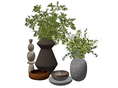 Decorative Ceramic Vases With Green Plants And Natural Stone Decorations 3d model