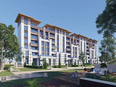 Modern Multi Floor Residential Apartment Building With Green Trees Lawns And Outdoor Areas 3d model