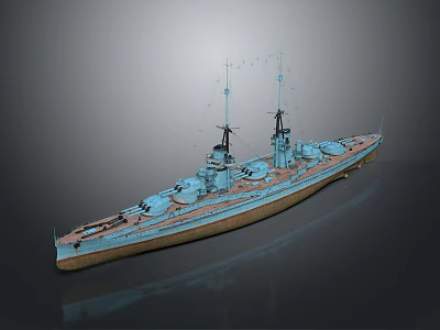 Historical Battleship Model With Masts Cannons Light Blue And Brown Color 3d model