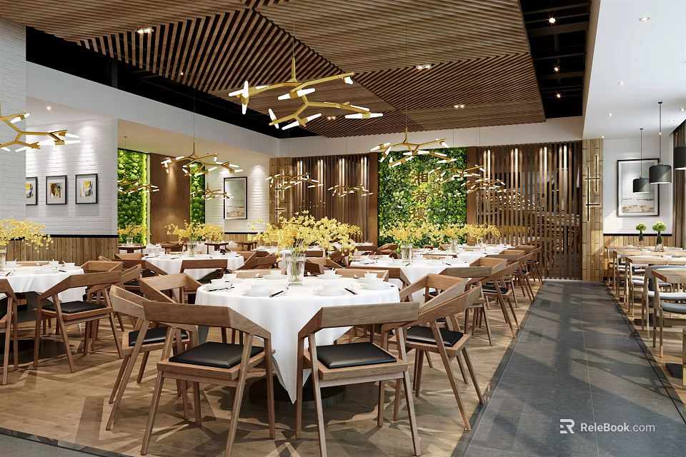 Modern Restaurant Interior With Wooden Ceiling Chandeliers White Tablecloths And Green Plant Decor 3d model 