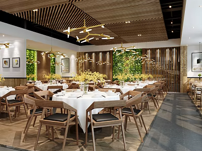 Modern Restaurant Interior With Wooden Ceiling Chandeliers White Tablecloths And Green Plant Decor 3d model