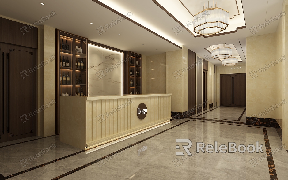 New Chinese Restaurant Hotel Front Desk Ceiling Chandelier Bar Counter Wine Cabinet Background Wall Double Door model