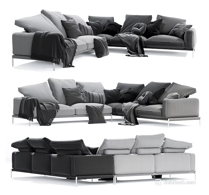Modern Sectional Sofa with Plush Pillows Cozy Throws and Neutral Tones Design 3d model 