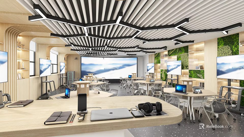 Modern School Classroom With Desks Tech Devices And Large Screens 3d model 