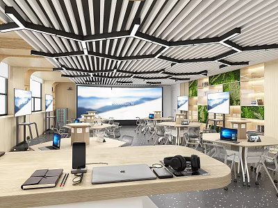 Modern School Classroom With Desks Tech Devices And Large Screens 3d model