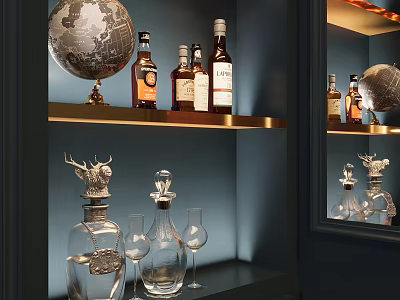 Elegant Liquor Cabinet Interior With Bottles Glasses Globe And Decorative Shelves 3d model