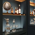 Elegant Liquor Cabinet Interior With Bottles Glasses Globe And Decorative Shelves