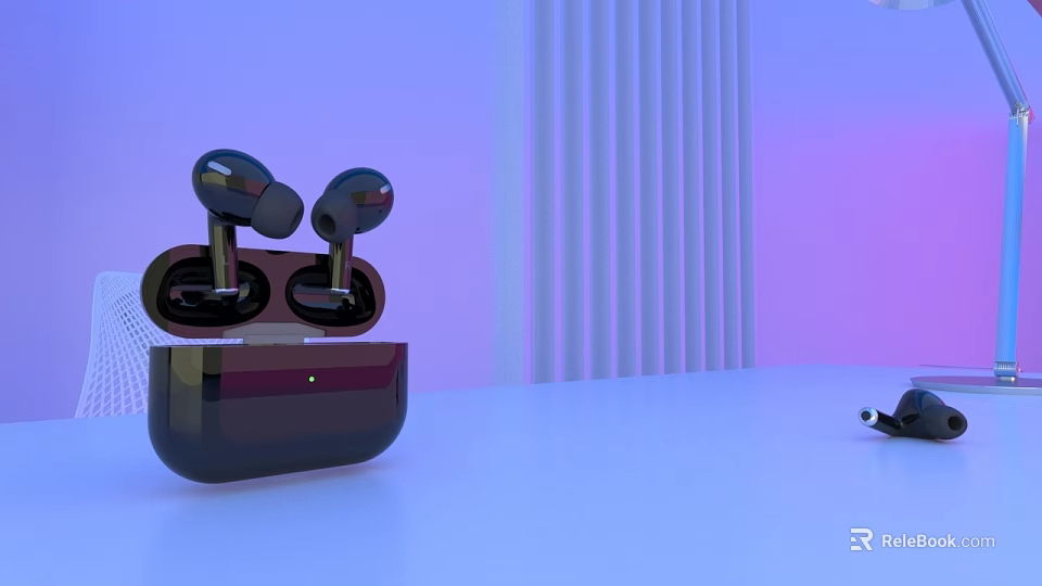 Modern Wireless Earbuds With Charging Case On Purple Lighting Background Design 3d model