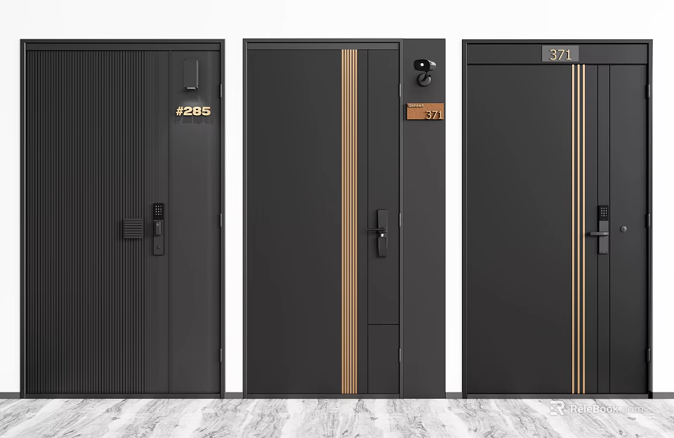 Three Modern Black Security Doors With Gold Stripes And Stylish Designs 3d model 