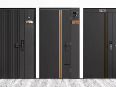 Three Modern Black Security Doors With Gold Stripes And Stylish Designs 3d model